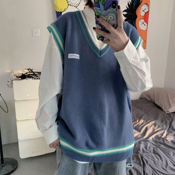 Riolio Men Sweater Vest V-neck Knitted Pullover Couples Ins Oversize Harajuku Vests Chic Korean Style Leisure Mens Clothes